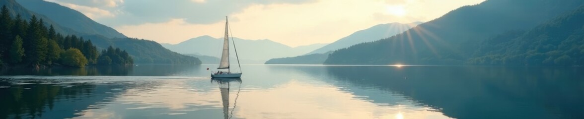 Fototapeta premium Sailboat gliding effortlessly across the still lake, mirrored waters, lake, boats