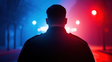 Police Officer Silhouette Against Dark Night with Red and Blue Emergency Lights in Background