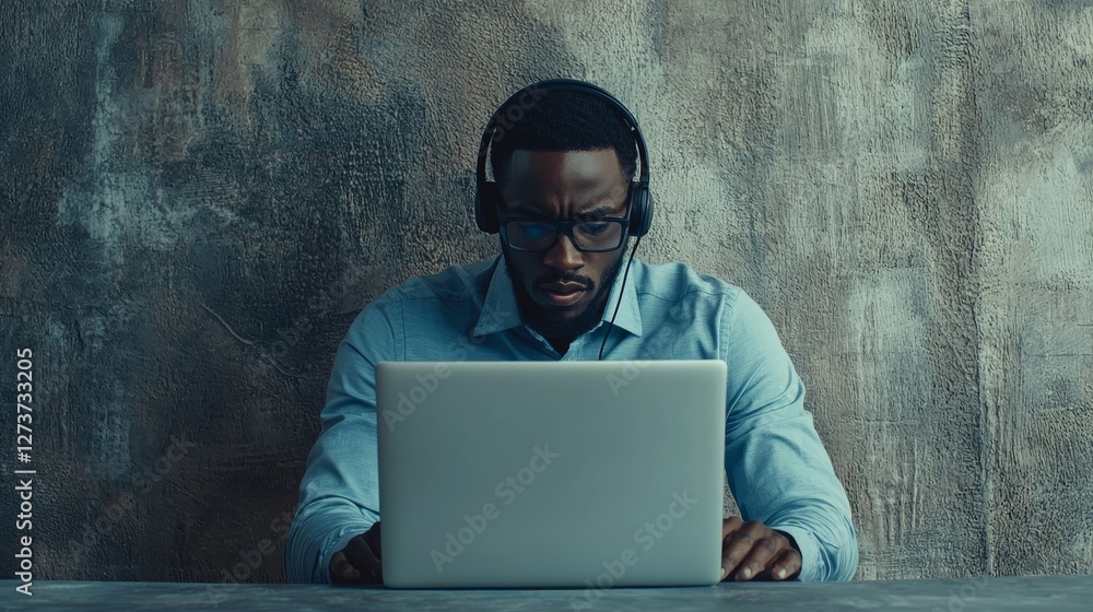 Poster a male operator from asia is receiving a call from a customer in a call center support setting