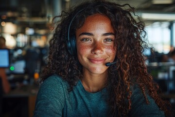 A customer service agent with a friendly smile and beautiful face, wearing a blue shirt, works with a headset in a startup office, providing technical support and handling public relations