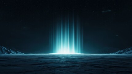 Ethereal Light Beams Emanating from a Mysterious Horizon Over a Dark, Icy Landscape