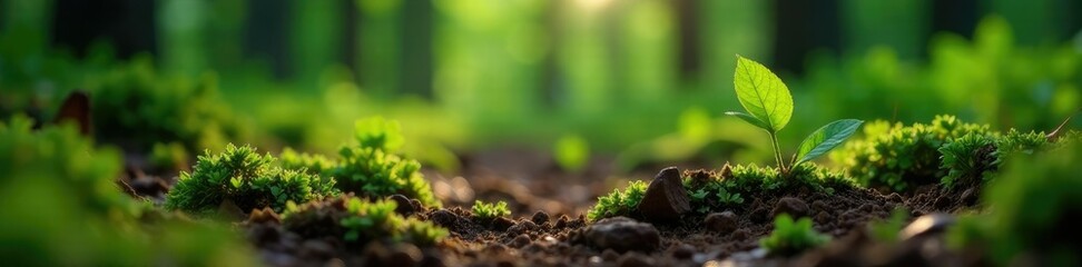 Setterwort stems grow through cracks in forest soil, wild growth, trees, forest floor