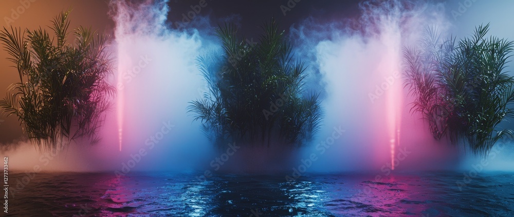 Poster chaotic wavy lines and a trajectory path glowing in ultraviolet light are set against a 3d abstract 