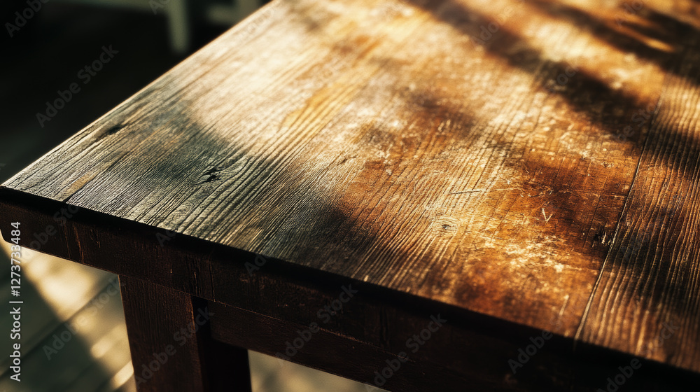 Aufkleber Wooden table background with cozy soft sunlight and shadows. Empty wooden table countertop perspective copy space