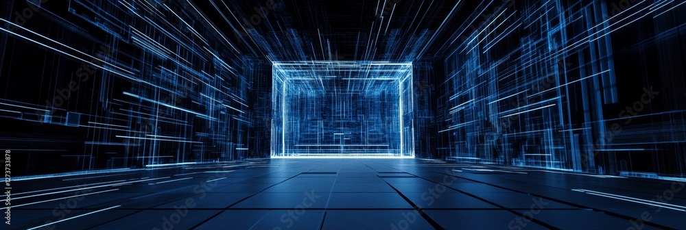 Fototapete Futuristic Digital Networking Display LED Matrix with Geometric Patterns in Data Center - Cutting-Edge Tech Content and Innovative Cybersecurity Solutions