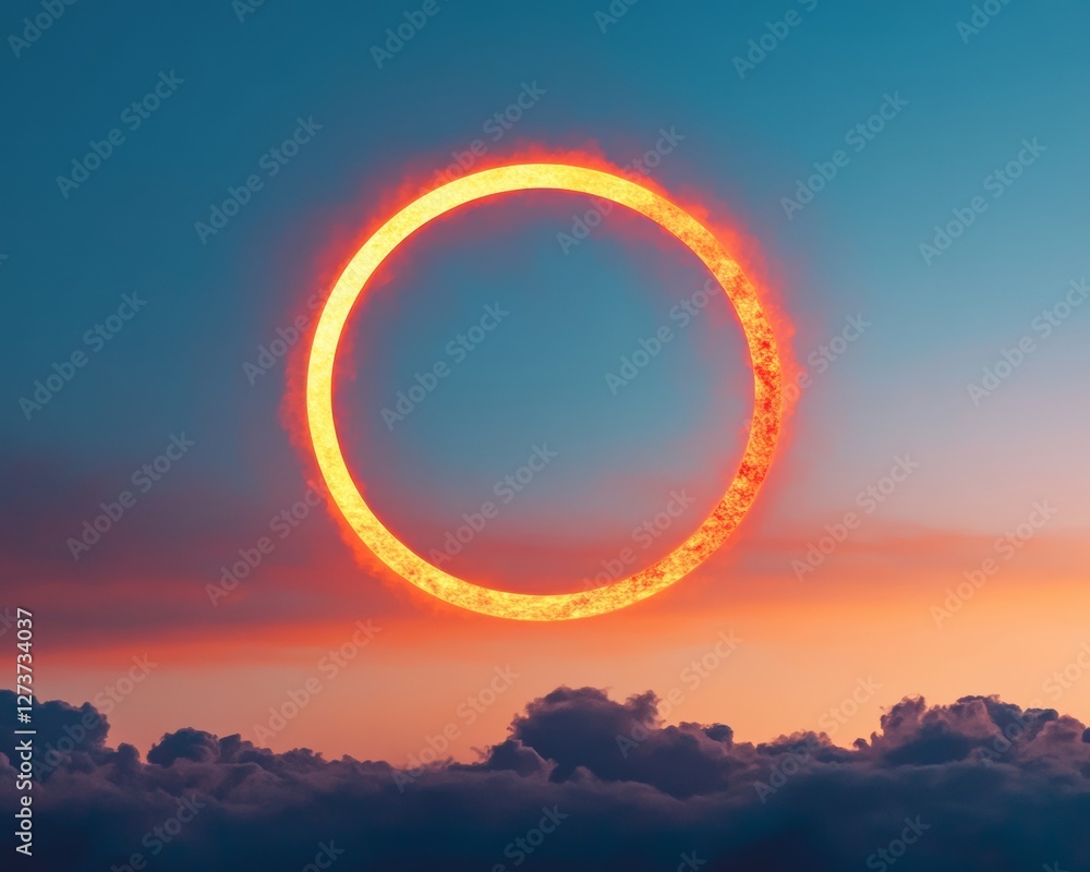 Aufkleber cosmic eclipse visualization solar ring over cloud horizon with starry sky - astronomical content fo