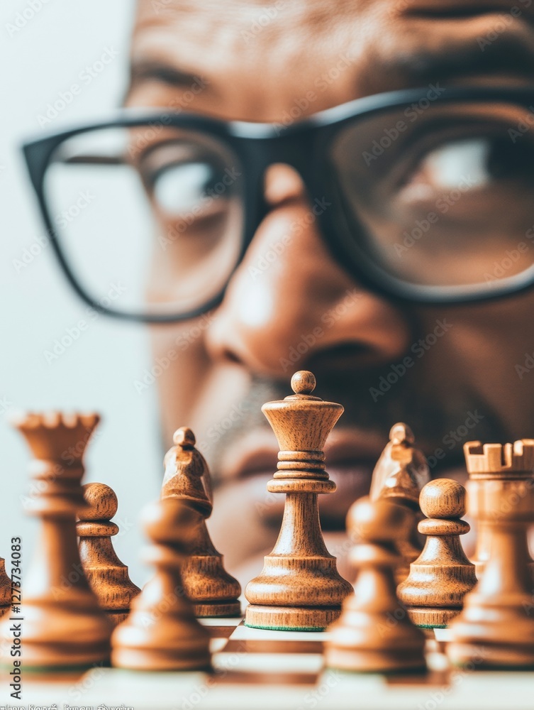 Aufkleber contemplative chess analysis young adult navigates wooden chess pieces with digital tablet - enhanci
