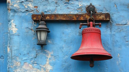 Obraz premium Rusty metal beam with red bell and lantern on aged blue wall