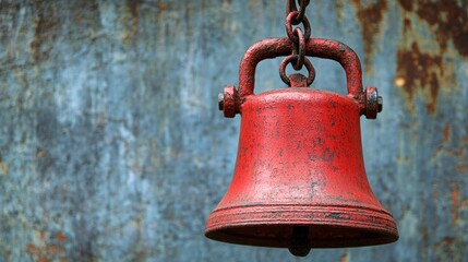 Fototapeta premium Rusty red bell hanging on chain against weathered metal