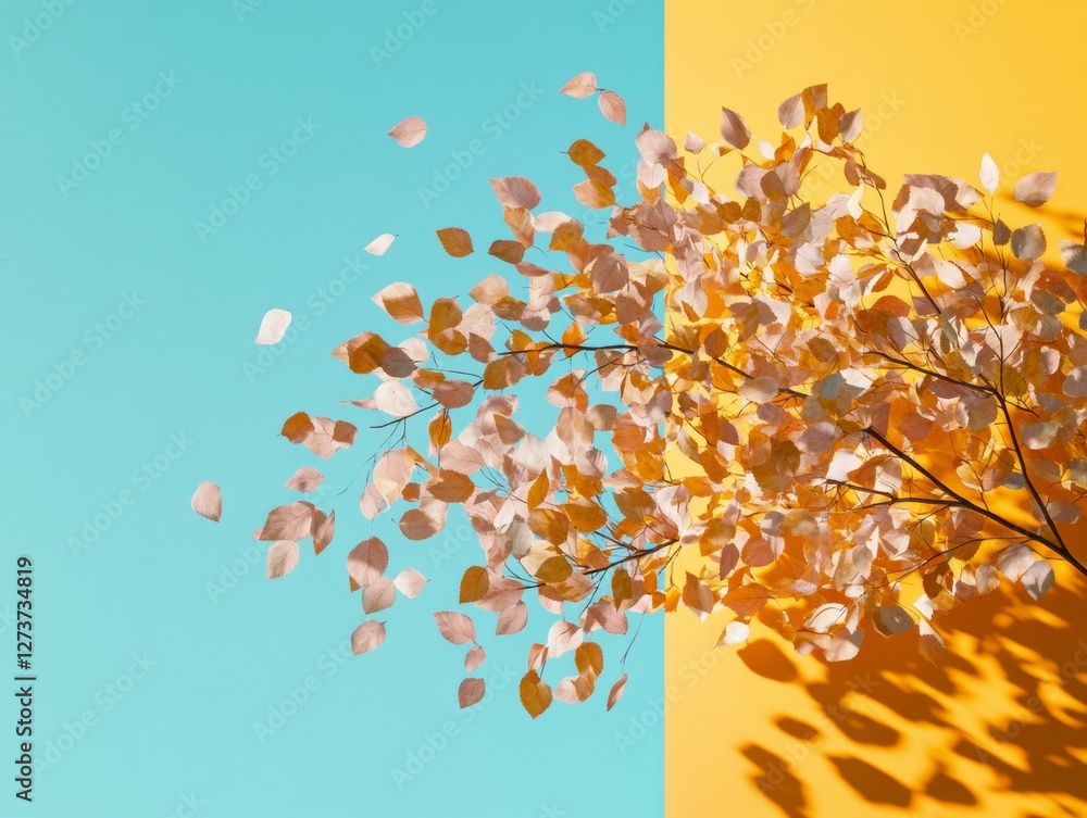 Poster minimalist autumn leaf display airy maple foliage on bold two-tone backdrop - seasonal decor and eco