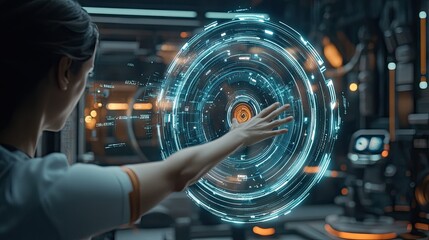 Woman Interacting With Futuristic Holographic Interface