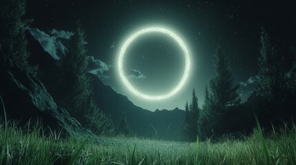 Fototapeta premium The drone flies in circles, casting a halo of light over the yellow grass and star-filled sky