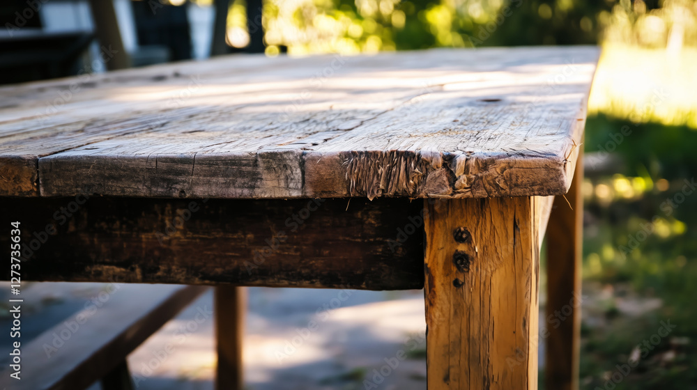 Aufkleber wooden table background with cozy soft sunlight and shadows. empty wooden table countertop perspecti