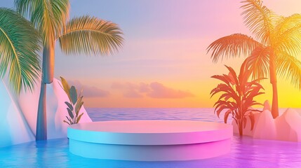 Obraz premium Tropical Sunset Seascape With Circular Display Platform