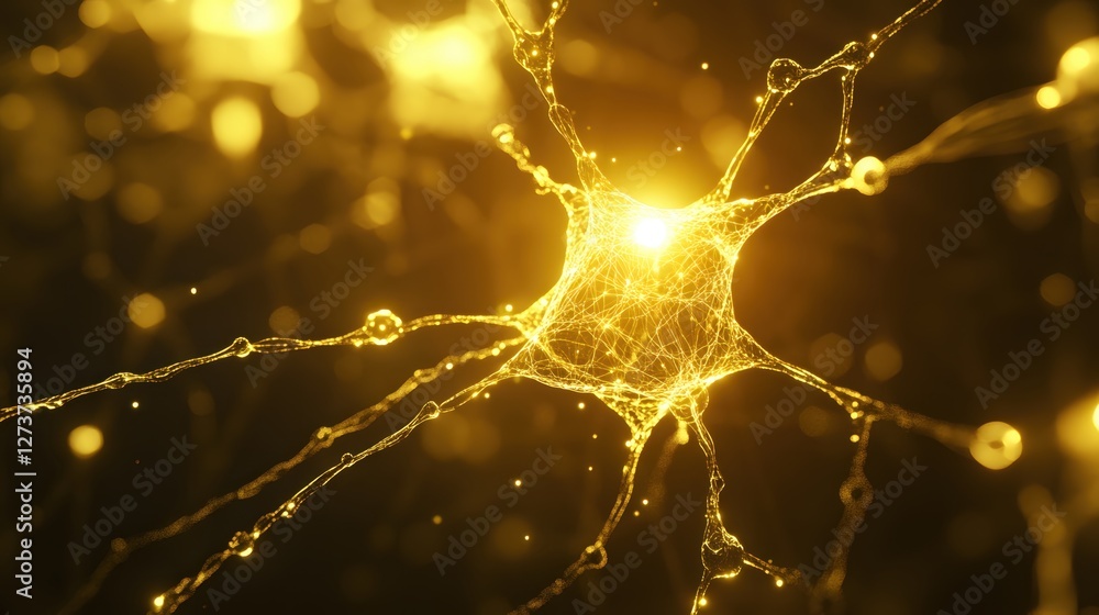 Poster golden neuron network connection with glowing light abstract scientific visualization