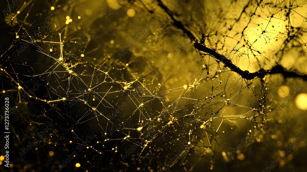 Poster golden web complex network abstract background with interconnected lines and glowing nodes