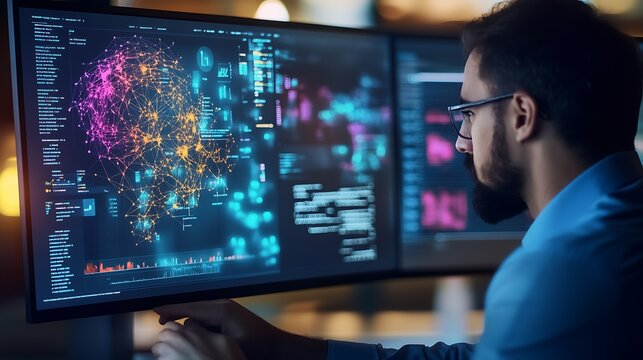 Network analyst observing digital data flow visualizations showcasing global connectivity and graphs : Generative AI