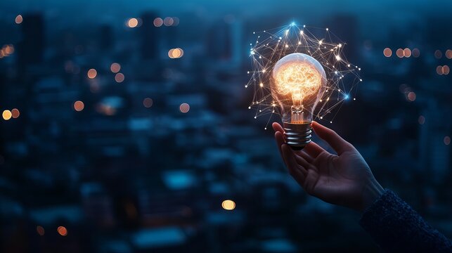 Innovative technology concept – hand holding light bulb with smart brain and digital network on futuristic blue city background








