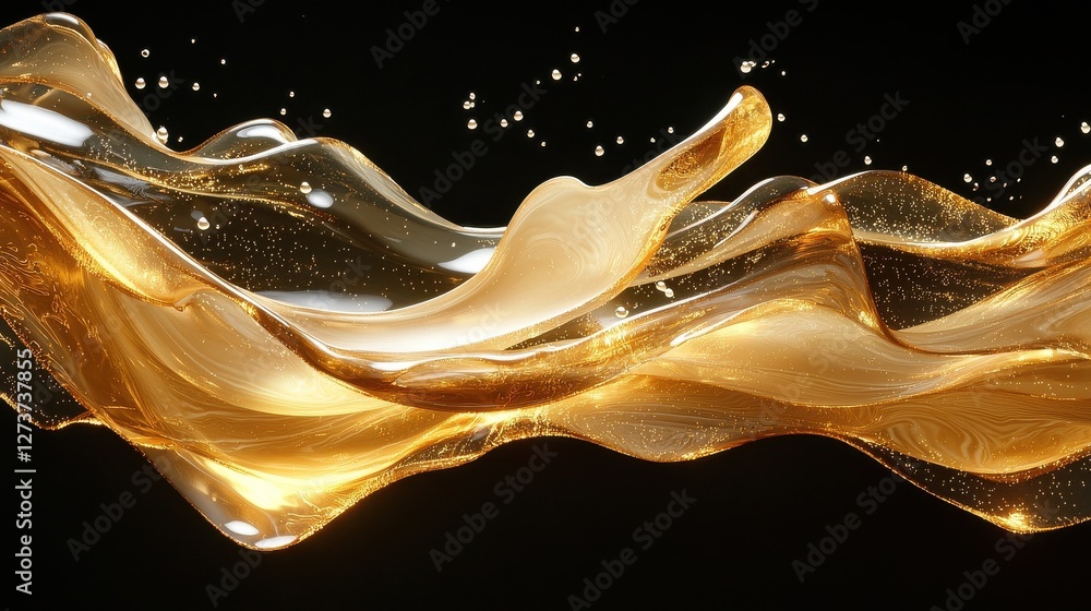 Poster amber liquid flowing dynamically against a black background. the liquid is translucent, showing inte