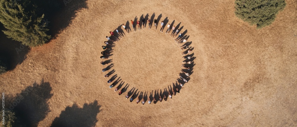 Aufkleber aerial minimalist unity diverse group in casual wear forming circle on earthy terrain - social cohes
