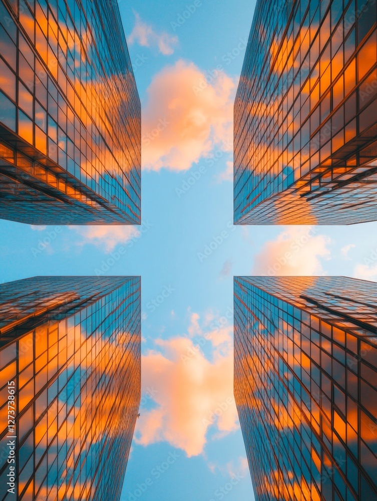 Leinwandbilder Smart Urban Skyline Dynamic Glass Skyscrapers Reflecting Sunset Clouds - Advanced Network Architecture for Urban Development and Technology Integration