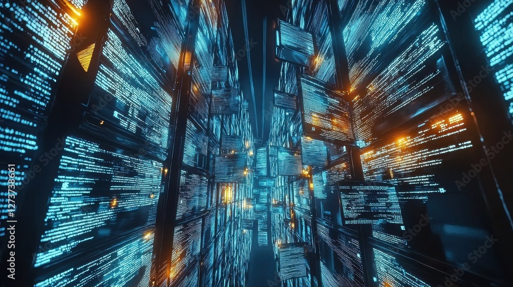 Aufkleber abstract digital data stream visualization with glowing blue and orange light effects. futuristic di