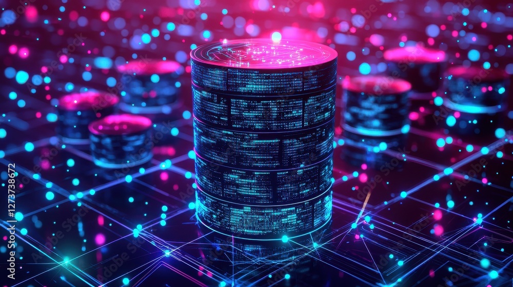 Aufkleber abstract digital data visualization with glowing blue and pink cylindrical structures on a grid, fea