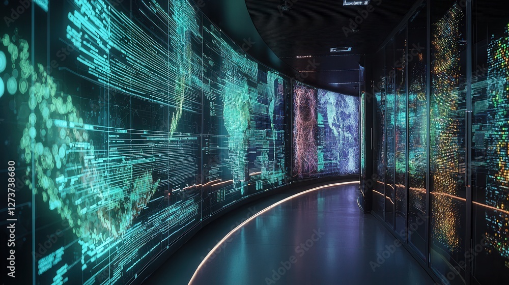 Aufkleber abstract data visualization a curved corridor displays vibrant, multicolored data patterns on its wa
