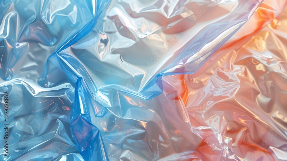Poster Crumpled plastic sheets in vibrant shades of blue and orange create an abstract texture, capturing light and creating reflections that enhance the visual interest of the materials.