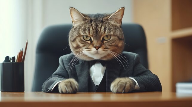 A stylish cat dressed in a strict suit sits confidently at her desk, radiating charm and professionalism in a cozy, modern office environment.