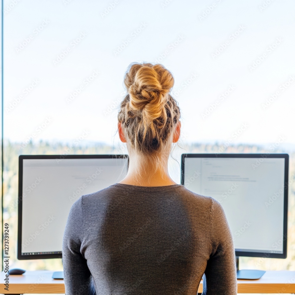Poster nordic executive workspace blonde professional at standing desk with dual monitors - ergonomic desig