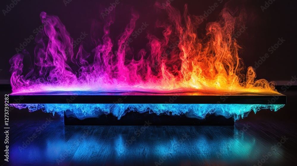 Poster abstract image of vibrant multicolored flames on a dark rectangular surface, reflecting on a dark fl