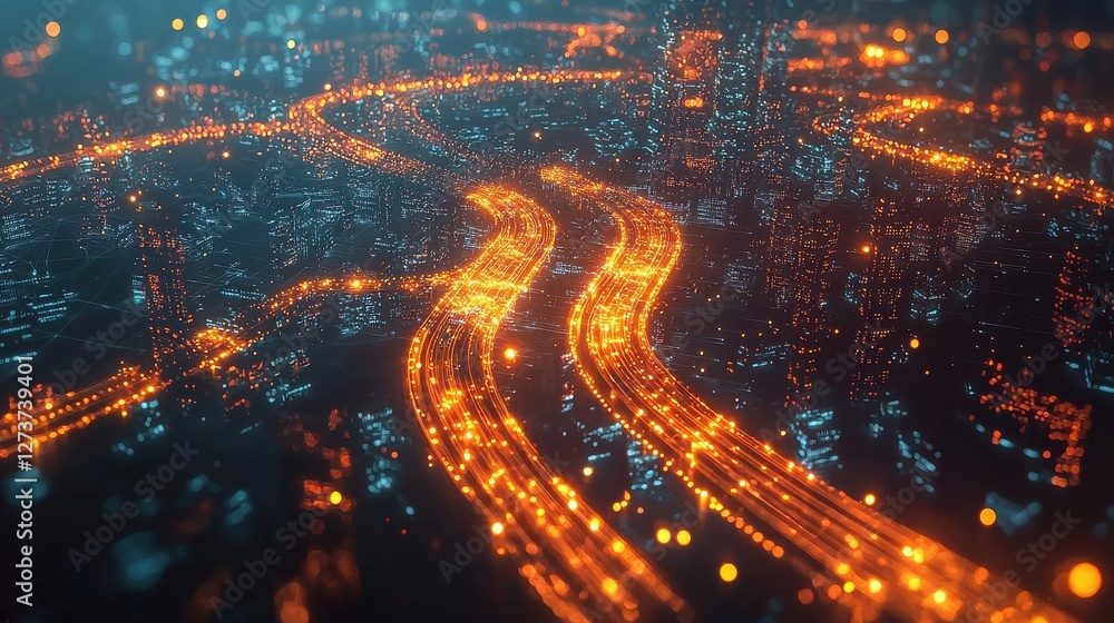 Poster abstract aerial view of city roads at night, illuminated with orange and blue lights, creating a dyn