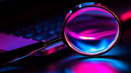 Artistic View of Magnifying Glass on a Laptop with Vibrant Neon Reflections : Generative AI