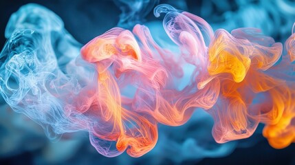 Abstract image of swirling blue, orange, and pink colors resembling smoke or clouds. The colors blend and mix creating a dynamic, ethereal effect against a dark background.