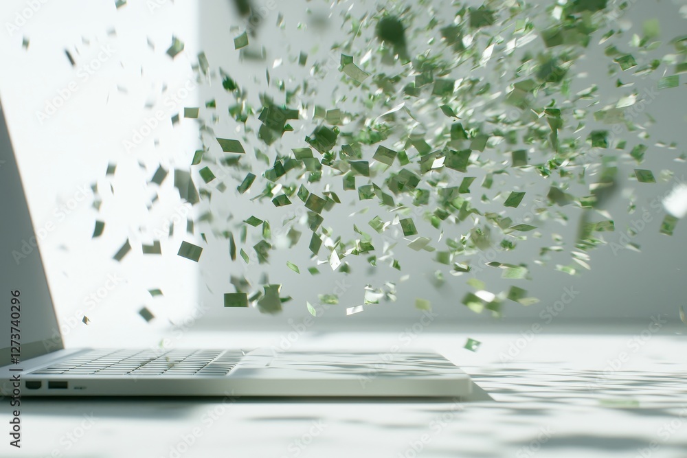Aufkleber a laptop is depicted with multiple particles flowing out of its glowing white screen set against a w