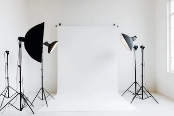 In a studio with a white background, the photography flash strobe is firing