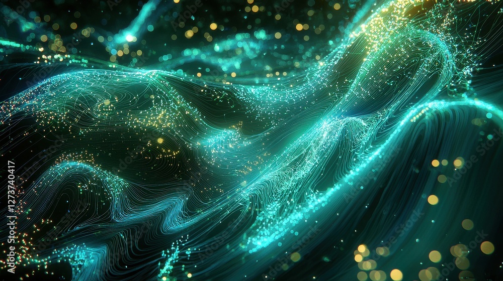 Aufkleber abstract teal and gold particle wave flowing on dark background. sparkling, glowing particles create