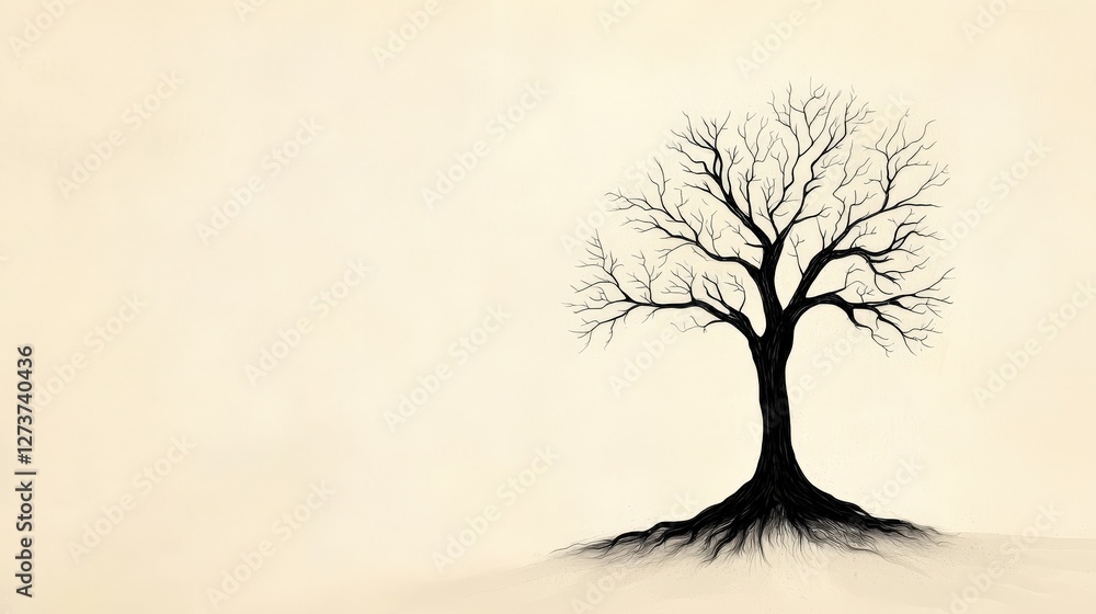Poster a tree with no leaves is the main focus of the image