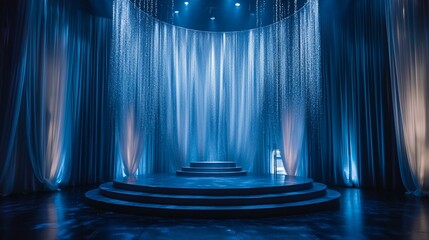 Dramatic monochromatic lighting in various blue hues illuminates the stage, crafting a serene and mysterious ambiance that precedes a performance