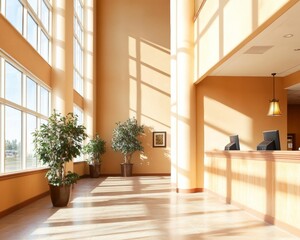 Fototapeta premium Minimalist Modern Lobby Design Sleek Wooden Reception Desk and Natural Lighting - Business Hospitality and Professional Welcoming Environment for Enhanced Client Experience