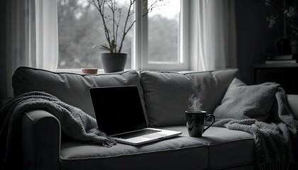 Rainy Day Retreat: Finding Solace with a Laptop and Warm Beverage on a Comfortable Sofa by the Window.