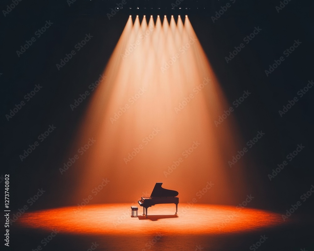 Aufkleber ambient grand piano placement sleek minimalist design on concert platform with focused stage lightin