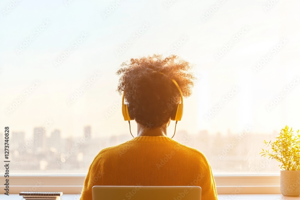 Poster minimalist home study vibe tech-savvy student in bright window light with laptop and headphones - en