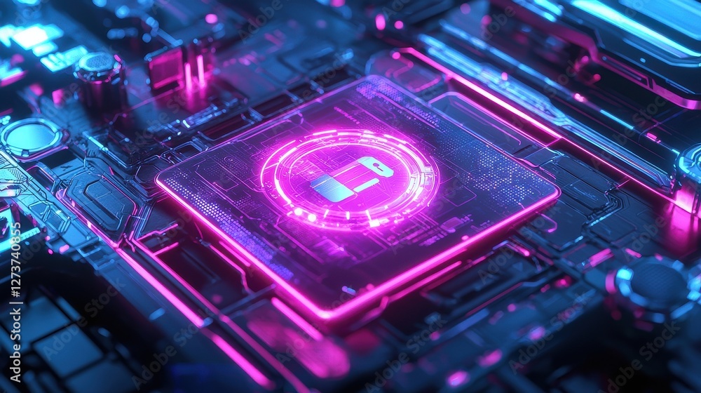 Poster macro shot of a computer chip with vibrant pink and blue neon lighting. the detailed circuitry and m