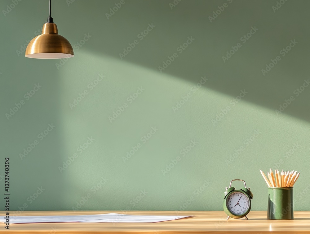 Poster minimalist exam desk aesthetic organized study setup with brass pendant, analog timer and pencils on