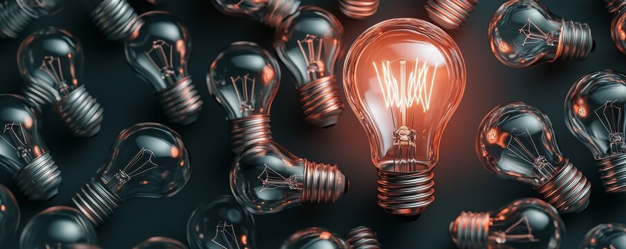 Big ideas are embodied by an illuminated light bulb that shines brighter than the rest of the unlit bulbs