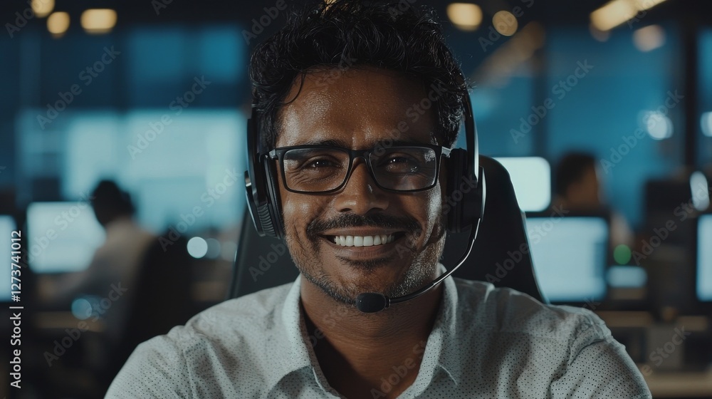Poster a joyful technical customer support specialist is shown in a close-up portrait, wearing a headset an