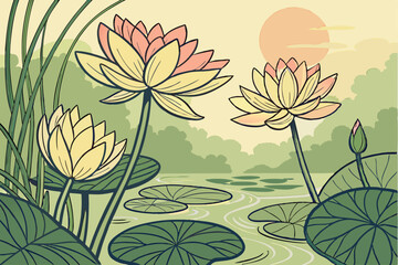  Vibrant lotus flowers, serene pond, lily pads, tranquil water surface, soft focus, dreamy atmosphere, golden and pink petals, lush green leaves, reflections, macro photography, nature beauty, zen 