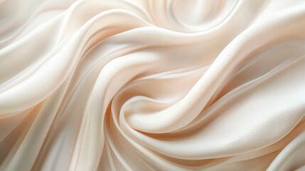 Fototapeta premium Creamy beige silk fabric with soft, flowing folds and subtle shimmer. Luxurious texture and elegant drape. Perfect for fashion, design, and textile background.